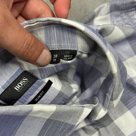 Hugo Boss Slim Fit Dress Shirt Plaid "Jason" Cotton Blue 38 15 Small - Picture 7 of 12